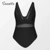 Badkläder Seaselfie Plus Size Mesh Panel Vneck One Piece Swimsuit For Women Black Large Size Monokini Baddräkt 2023 Beach Badkläder
