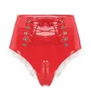 Mutandine da donna Donne sexy Cameriera Pelle verniciata Raso Volant Vita alta Lacci Cerniera sul cavallo Slip Lattice Lingerie erotica Mutande