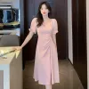 Dress Summer Casual Black Pink Fairy Dress V Neck Short Sleeve Solid Plus Size Midi Dress Korean Style Elegant Evening Party Dresses