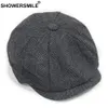 Showersmile Black Grey Wool Hat Man Newsboy Caps Herringbone Tweed Warm Winter Octagonal Hat Male Female Gatsby Retro Flat Caps S1324Z