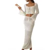 Womens 2 Piece Summer Outfits Sleeve Cross-bindning Front Knit Crop Tops Lång kjol Set Loungewear