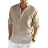 Herren-Langarm-T-Shirt aus Leinen, einfarbig, lockeres, lässiges Baumwollhemd 240223