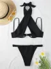 Ensemble Sexy Bikini à armatures 2024 Femmes Solide Noir Col Haut Croix Push Up Maillot De Bain Été Coupe Haute String Plage Maillot De Bain Maillots De Bain