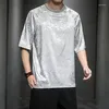 Herren-T-Shirts, 2024, Sommer, runder Kragen, Männer, Tag, Drache, Jacquard-Seiden-T-Shirts, bedrucktes Hemd, O-Ausschnitt, halbe Hülse, lose Streetwear