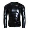 Herr t-skjortor män faux läder t-shirts långärmad v-ringning fitness latex kläder pvc pullover streetwear clubwear costumes