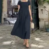 Kleid Damen Kleid Baumwolle Leinen Kurzarm Quadratischer Ausschnitt Elegant Lässige Sommerkleider für Frauen Vintage Solides Maxikleid