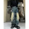 Men's Jeans Y2k Ribbon Trim Bleached Wear Loose Denim Trousers Streetwear Men Joggers Hip Hop Clothing Korean