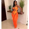 Suits BKLD Neon Orange Two Piece Sexy Women Spaghetti Strap Bodysuit and Sheer Mesh Pants Ruffles Beach Club Party Bodycon Outfits