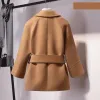 Blends Spring Autumn Winter Women Short Woolen Coat Belt Jacket Female Raglan Sleeves Cloak Jackets Elegant Single Button Black Camel