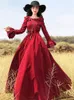 Casual jurken Franse renaissance retrostijl elegante vrouw swingjurk corduroy plooien ruches trompetmouwen middeleeuwse vloerlengte