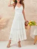 Dress wsevypo Fairycore White Lace Crochet Tank Long Dress Women's Summer Sleeveless Backless V Neck Ruched Flowy ALine Beach Dress