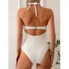 Kvinnors badkläder Solid Color White One Piece Swimsuit Kvinnor Hög midja Hålig ut Suspender Backless Bikini Summer Beach Bathing Suit 2024