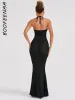 Abito BOOFEENAA Vedere attraverso pizzo floreale Mesh Abito nero Sexy Halter Backless Abiti lunghi lunghi Abiti da festa per le donne 2023 C15BG19