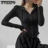 T-shirts wtempo gothic streetwear zip up tshirts kvinnor vintage sexiga fasta huva cardigans långärmade beskurna toppar träning grossist