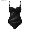 Kvinnors badkläder Mesh Perspective Womens Bikini One-Piece Swimsuit Set With Backless Patches Retro Pleated Front Vintage Suspender Sexy Q240306