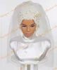 2016 Islamic Bridal Veils with Crystals Details and Cut Edge Real Pos Appliques Tulle Fashion Wedding Hijab for Arabic Women5546287