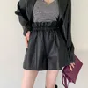 Women's Shorts 2024 Genuine Leather Woman Spring Fashion Elastic Drawstring High Waisted A-line Wide Leg Sheepskin Mini Shor