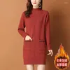 Casual Dresses Autumn Winter Half High Collar Loose Lägg till sammet stickad mantel femme eleganta modefickor vestidos kvinnors miniklänning