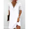 Dress 2023 New Vneck Lace Positioning Flower Dress Women Solid Color Casual Shortsleeved White Skirt Summer Loose Robe Femme Dresses