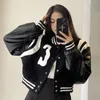 Women Black White Leather Jackets Loose Letter Embroidery Short Length Punk Style Outerwear American Coats Bomber High Street 240226