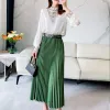 Klänningar 2022 Autumn Fashion Diamond Pärled Satin Midi Lång veckad kjol Kvinnor Koreansk stil Hög midja Midlängd Kjol Kvinna