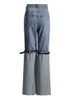 TWOTWINSTYLE Hit Farbe Patchwork Gürtel Jeans für Frauen Hohe Taille Lose Gespleißt Tasche Herbst Breite Bein Hosen Weibliche Mode Neue