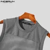 Hombres Tank Tops Malla Patchwork Transparente Transpirable O-cuello Sin mangas Sexy Hombres Ropa Verano Moda Chalecos S-5XL INCERUN 240229