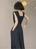 2023 Long Jumpsuits Women Black Trendy Loose Retro Summer Feminine Officelook Sleeveless Simple Elegant Solid Evening Dress 240304