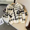 Women's Knits Vintage Rose Floral Jacquard Hooded Sweater Knitted Cardigan Women Autumn Winter Korean Fashion Sweaters Coat Lady Outerwear