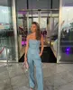 Kadınların Trailtsits Moda Sequins Denim Set Kadınlar Straplez Tunik Bel Üst ve Geniş Bacak Pantolon Takım 2024 2 Parça Set Kıyafetler Tracksuit