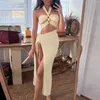 Casual Dresses Sexy Hollow Out Halter Neck For Women 2024 Drawstring High Slit Robe Cocktail Party Dress Vestidos Summer Sundress