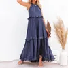 2023 Summer Loose Long Dress Women Casual Elegant Ruffles ärmlösa strandklänningar Female Party Tieup Robe Solid Boho Prom 240304