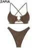 Комплект ZAFUL, купальник с вырезом крест-накрест для женщин, текстурированная металлическая фурнитура, дерзкий бикини с высокими штанинами, купальник с мягкой спинкой и завязками