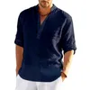 Herren-Langarm-T-Shirt aus Leinen, einfarbig, lockeres, lässiges Baumwollhemd 240223