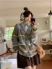 Cardigans Deeptown Vintage Striped Green Sweater Cardigan Women Korean Preppy Style Oversize Button Jumper Harajuku Loose Vneck Knit Tops