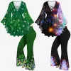 Suits 2023 New Christmas Women Snowflake Glitter Light Tree Branch 3D Print Bell Sleeves Tshirt Or Flare Pants Casual Matching Set