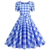 Vestidos casuais rosa xadrez robe balanço festa mulheres 2024 elegante vintage pinup gola quadrada manga curta rockabilly vestido de verão