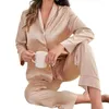 Damen-Nachtwäsche, tiefes V-Ausschnitt-Oberteil, Hose, Frühlings-Sommer-Pyjama-Set mit seidiger Hose mit V-Ausschnitt und weitem Bein, 2-teilig, einfarbig für Komfort