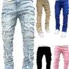 Jeans da uomo Pantaloni dritti con nappa patchwork a vita media tasche con cerniera in denim sottile streetwear guaina tinta unita alla caviglia