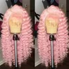 Perruques de cheveux rose clair vague profonde avant de lacet perruques partie libre longue boucle ondulée chaleur fibre synthétique perruque maquillage cosplay noir femmes utilisation 240306