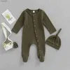 Footies baby pasgeboren baby jongens meisje effen Footies set ronde hals lange mouw button-down geribbelde voeten wrap jumpsuit + hoed YQ240306