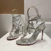 Yeni kristal avize süslemeli sandaletler deri stiletto topuklar kafesli akşam ayakkabıları kadın topuklu lüks tasarımcılar ayak bileği saran ayakkabılar fabrika ayakkabı35-43