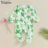 Footies Tregren 0-6M nouveau-né bébé garçons filles Footies barboteuses trèfle à quatre feuilles imprimé col rond à manches longues infantile printemps combinaisons YQ240306