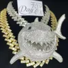 Hip Hop Cuban Chain Full of Cz Animal Accessories Great Oversized Iced Out White Shark Pendant with Cuban Link Chain Necklace