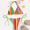 Set Sexy Rainbow Striped Bikini Swimwear Women 2022 Bandage High Cut Push Up Thong Swimsuit Summer Bathing Suit Micro Bikini Biquini