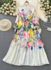 Casual Dresses Spring Holiday Tulip Floral Maxi Dress Elegant Stand Collar Single Breasted Lantern Sleeve Belt Prom Robe Clothes Vestidos