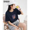 T-Shirts Toyouth Women Tshirt 2023 Spring Short Sleeve O Neck Loose Tees Cute Cat Print White Purple Navy Pure Cotton Comfort Tops
