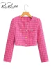 Blazers blingblingee primavera 2023 feminino houndstooth blazers traf botões de metal tweed jaqueta feminina chique topos cortados casacos rosa quente