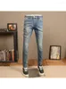 Jeans masculinos estiramento casual primavera e outono moda magro high-end impresso retro acessível luxo lavado calças magras