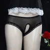 Mutandine da donna Slip vuoti a rete sexy Lingerie femminile Costumi erotici Pizzo con apertura sul cavallo Biancheria intima trasparente senza cavallo